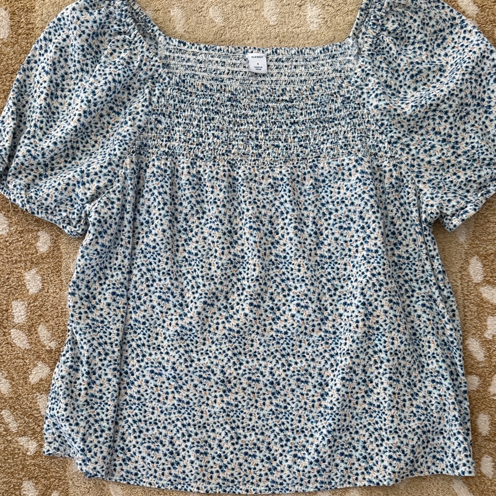 Smocked short sleeve cotton blouse
